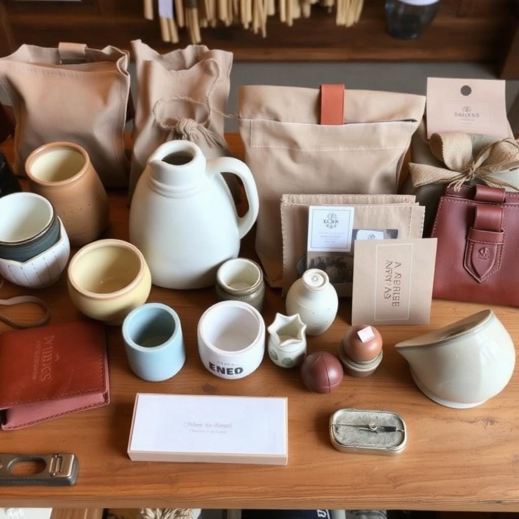 Curated display of handmade ceramics leather goods and small decorative artisan objects