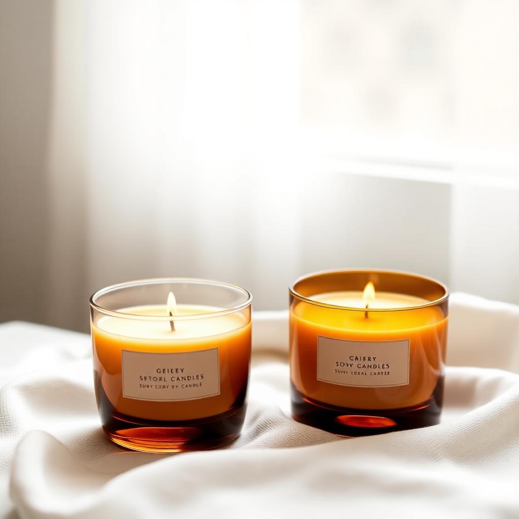 Two amber and ivory soy candles in glass vessels on linen lit by soft window light