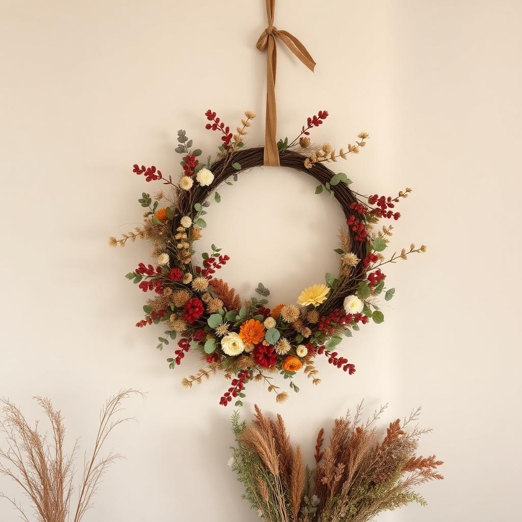 Seasonal wreath with dried florals and greenery hanging on a wooden door